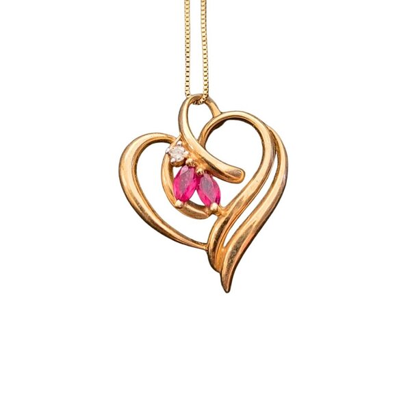 14K Vintage Gold Heart Ruby Pendant with Chain Necklace